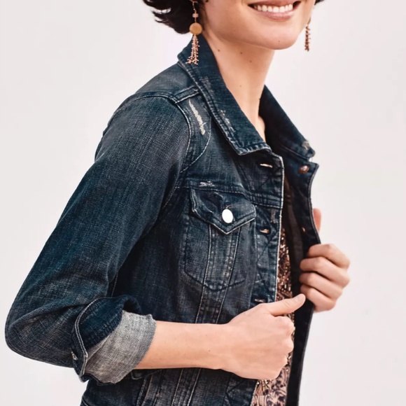 Pilcro & The Letterpress Dark Wash Distressed Denim Jacket Size M - Picture 2 of 5